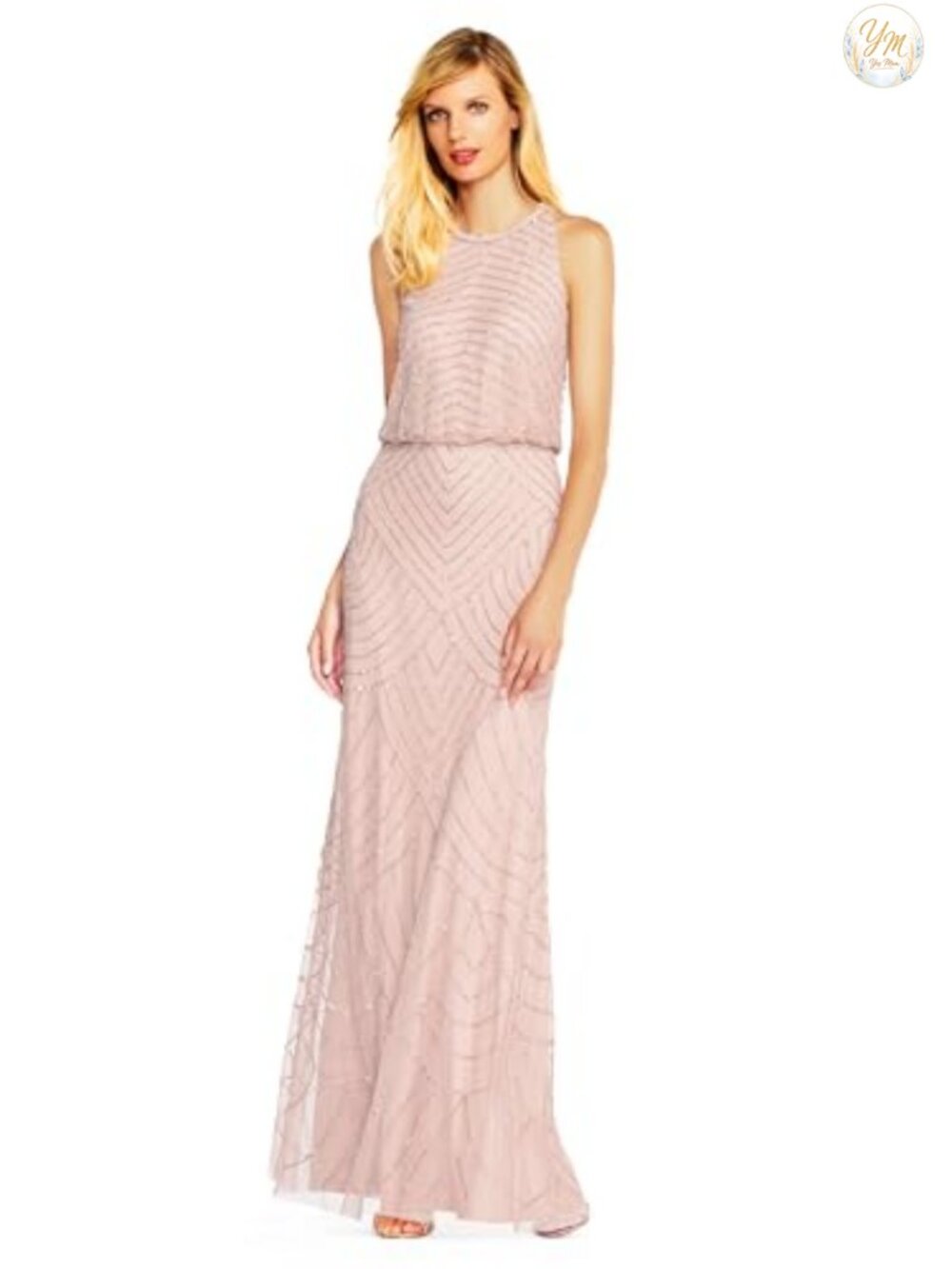 Halter Blouson Beaded Gown with Keyhole Back Sleeveless Formal